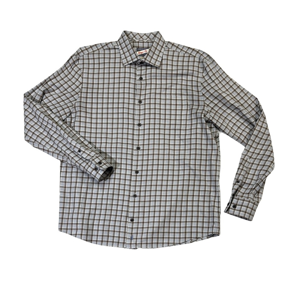 Johnnie-O mens L large blue brown plaid button up casual shirt EUC